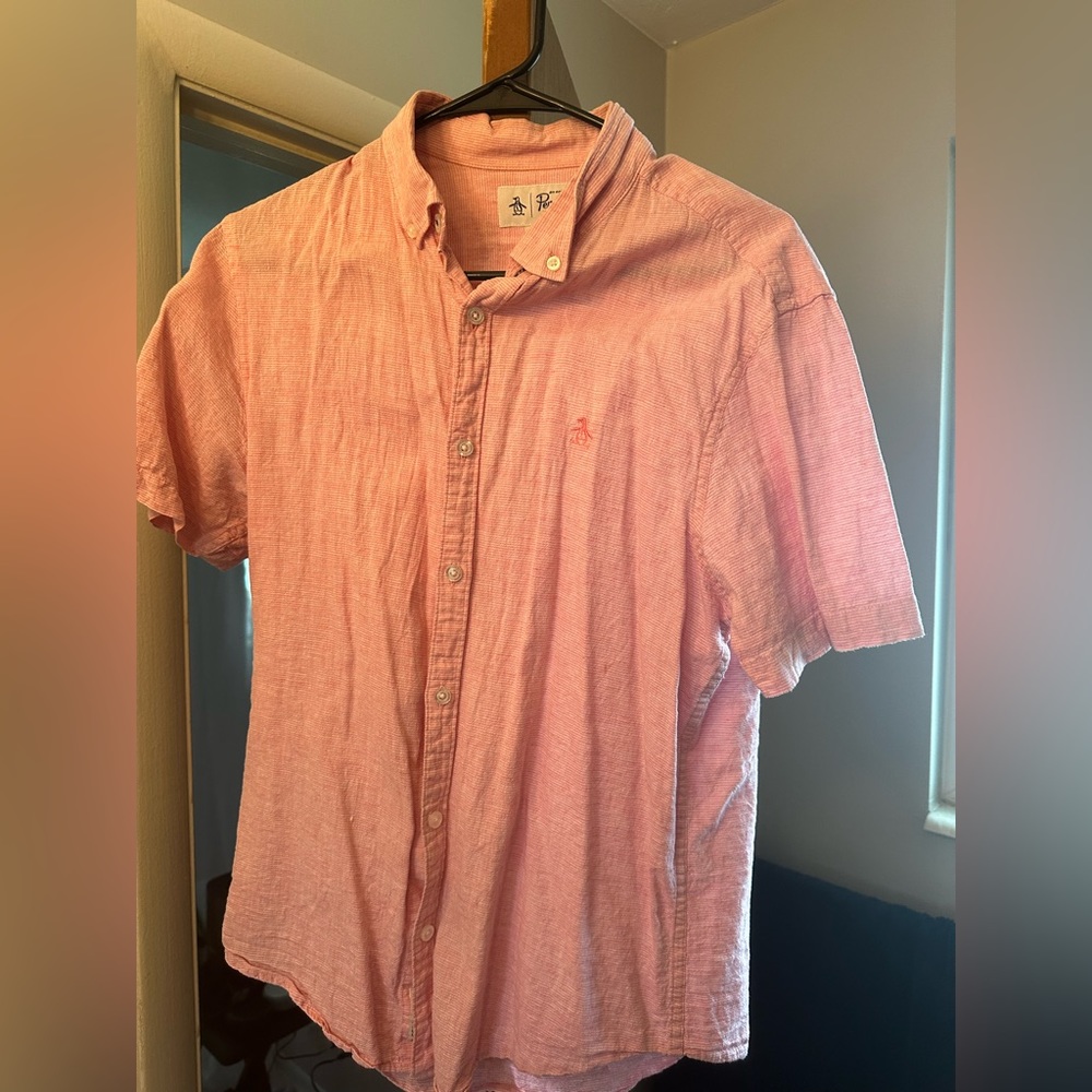 Men penguin short sleeve button up pink medium slim fit